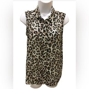 H&M Animal Print Cheetah Sheer Button Down Collar Sleeveless Top Size 4